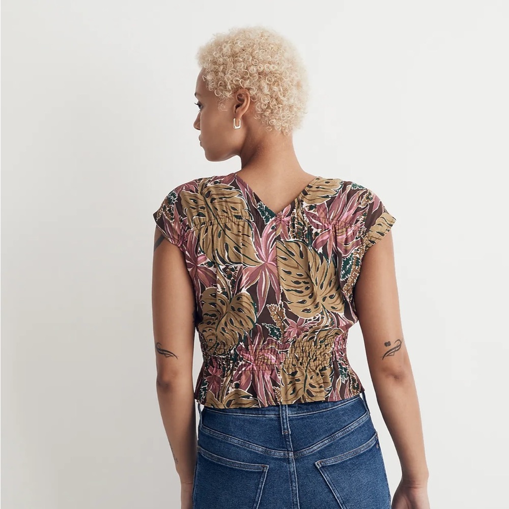 Madewell Shirred Cap-Sleeve Top in Brushstroke Monstera sz S NL043 - Picture 3 of 7